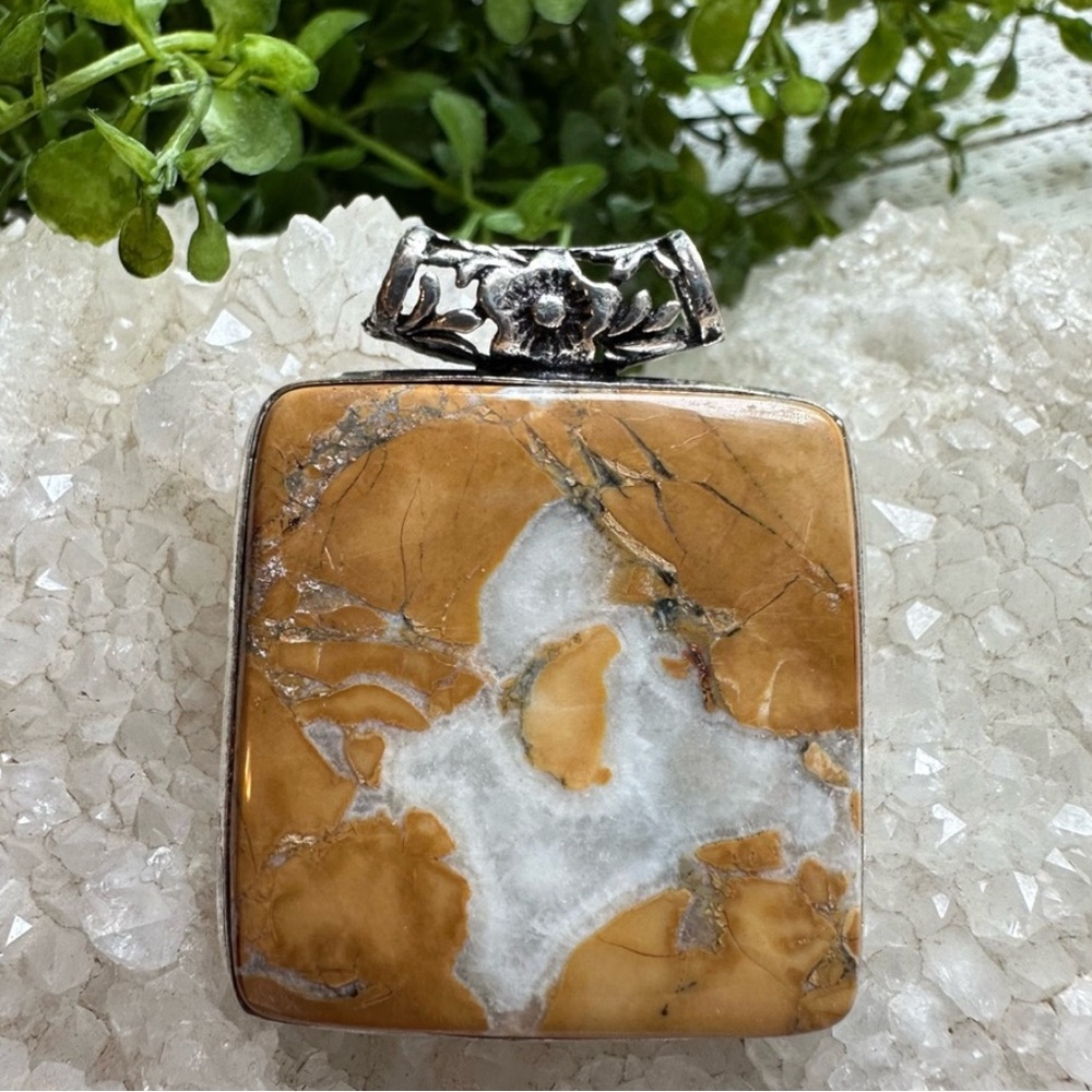 Maligano Jasper Sterling Silver 925 Plated Square Pendant Orange Gray Quartz